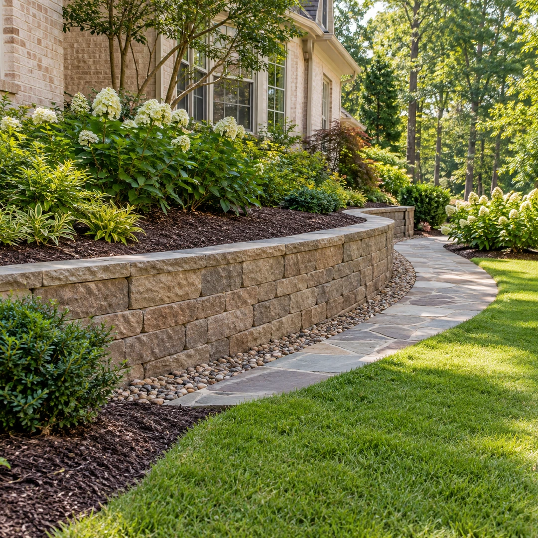 Stone retaining wall beside a paved path with a gravel drainage edge