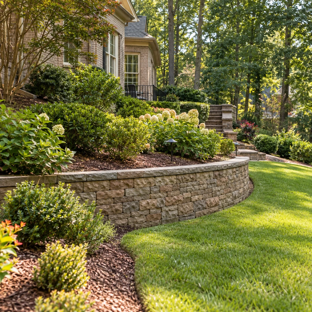 Curved stone retaining wall supporting a planted residential slope