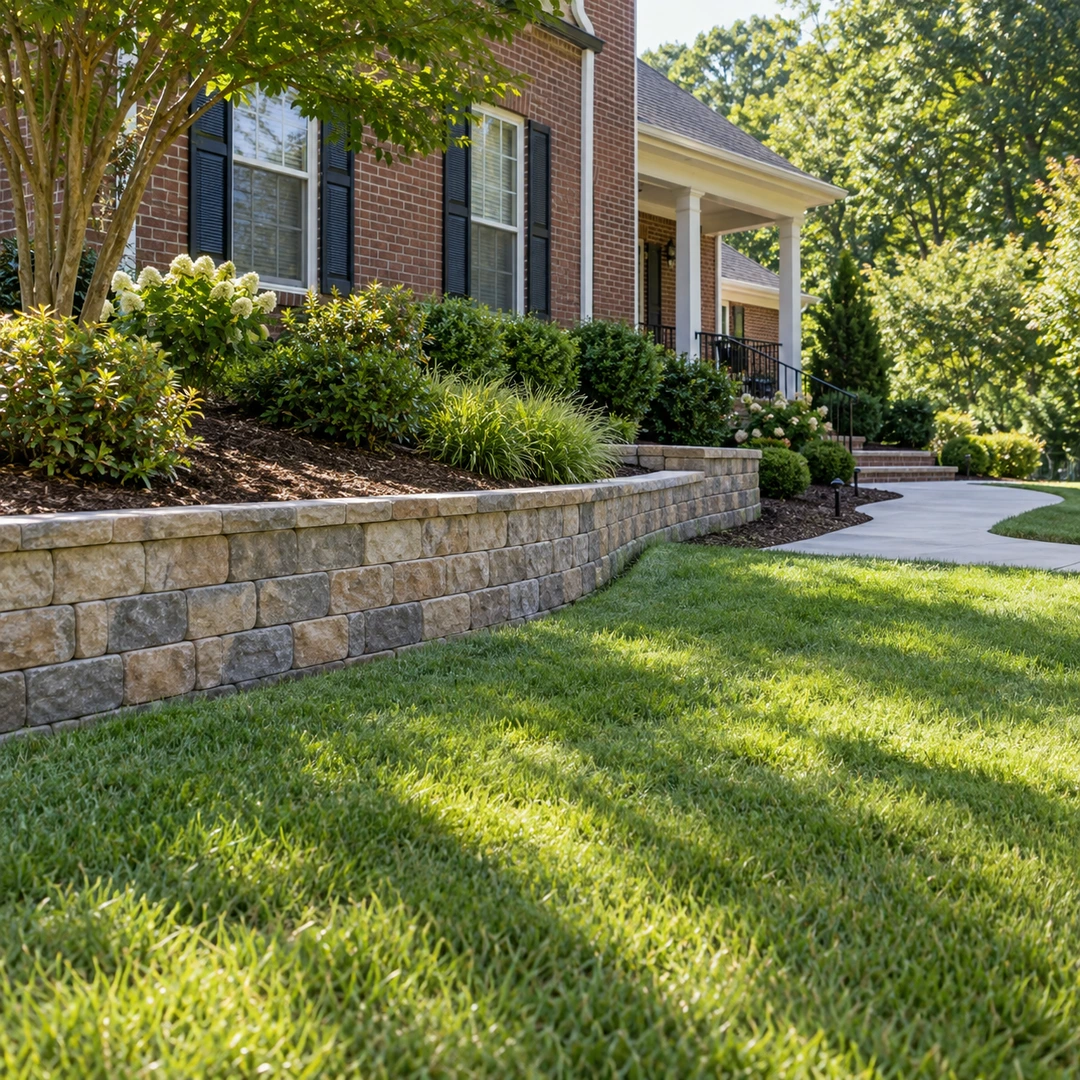 Low retaining wall protecting landscaped soil above an open lawn