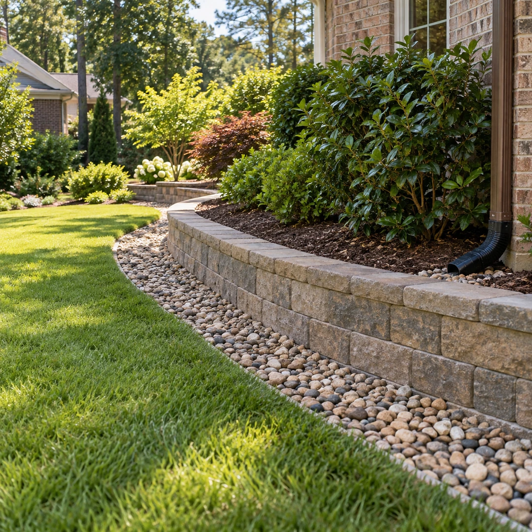 River rock drainage bed following the outside edge of a low retaining wall