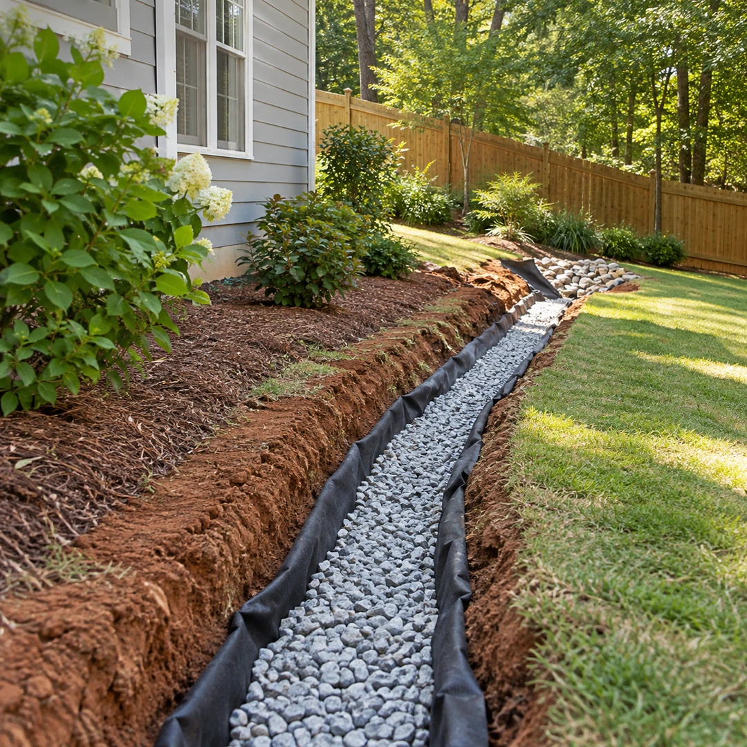 Open French drain trench lined with fabric and clean gravel on a yard slope