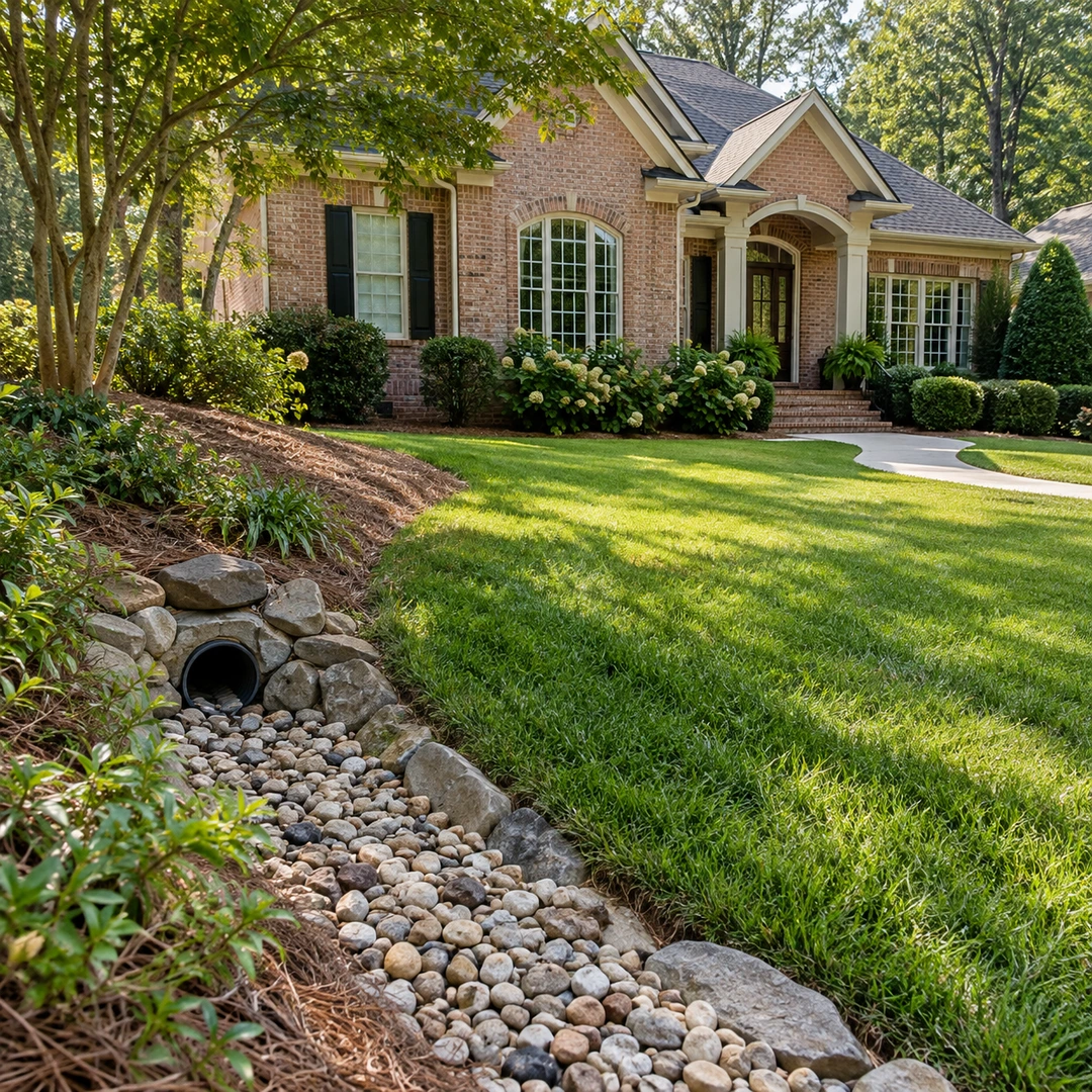 French drain outlet opening into a landscaped river rock channel