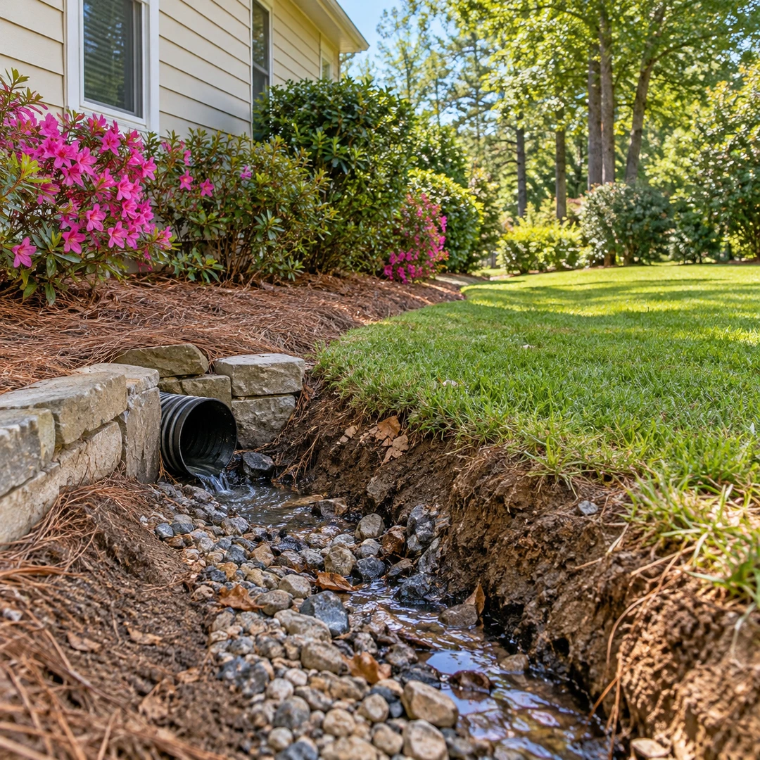 Damaged corrugated drain outlet releasing water into an eroded yard channel