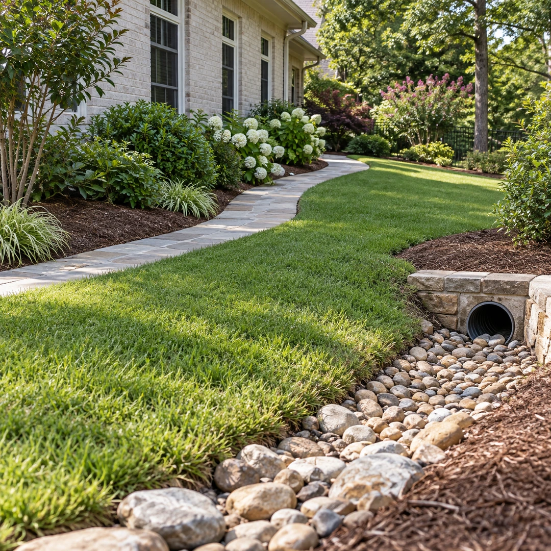 Finished stone drainage channel carrying water away from a residential lawn