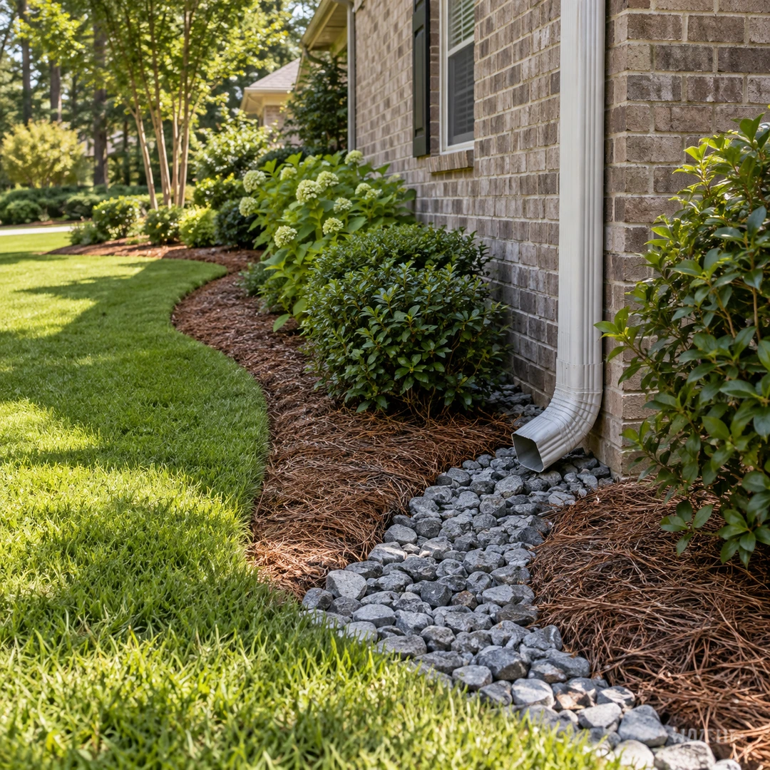 Gravel drainage channel below a downspout along a house foundation
