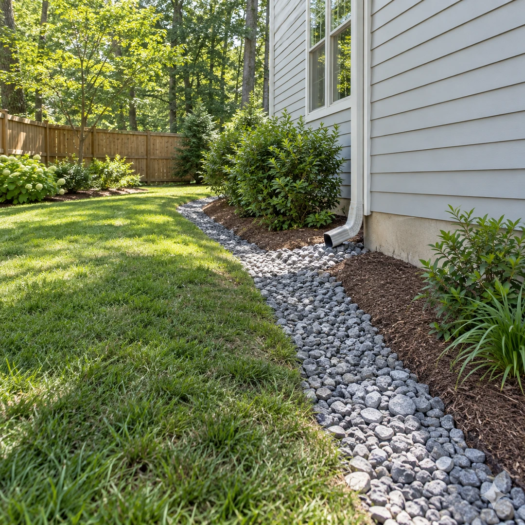 Gravel drainage channel beside a house where an existing drain needs repair