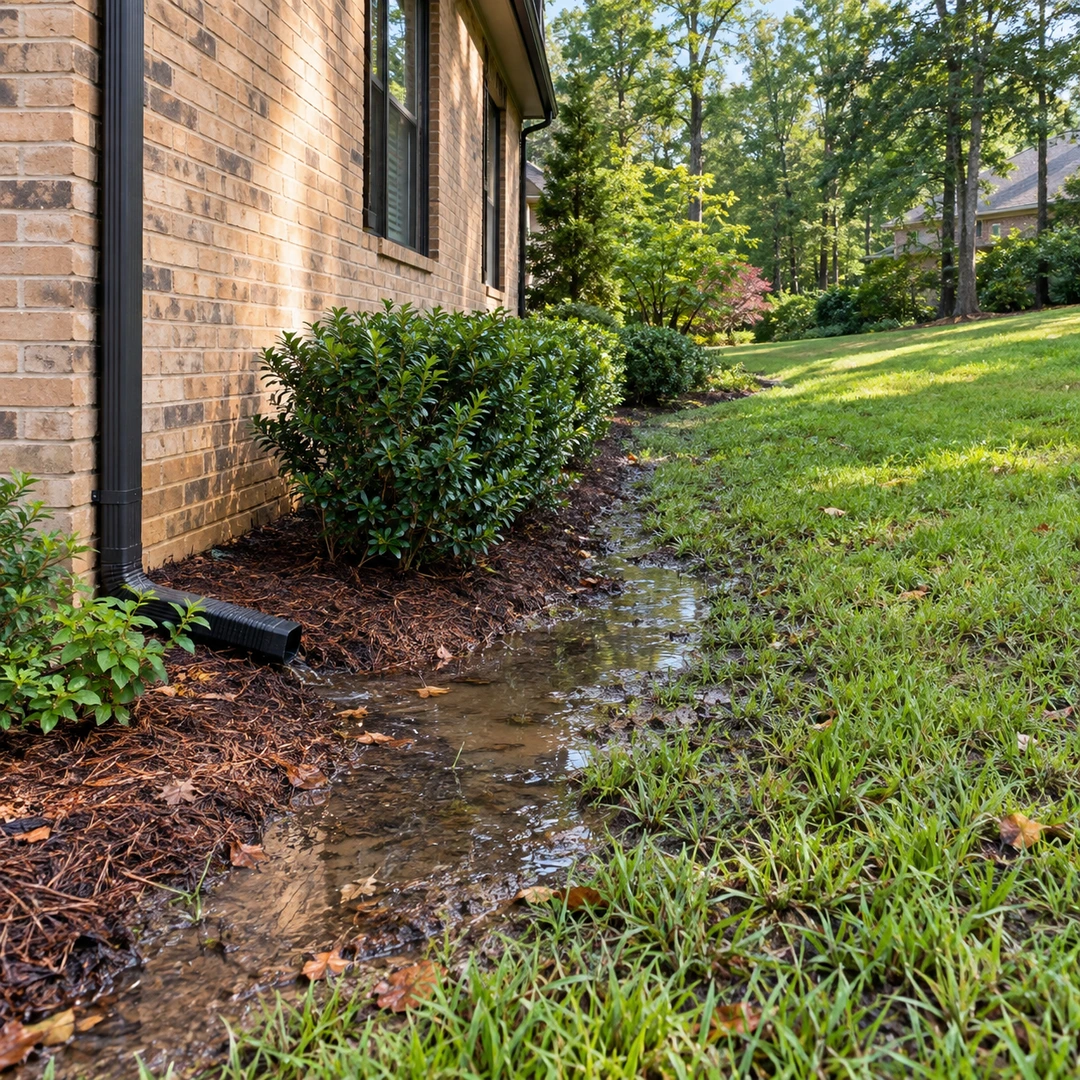 Water collecting beside a brick foundation and landscaped side yard