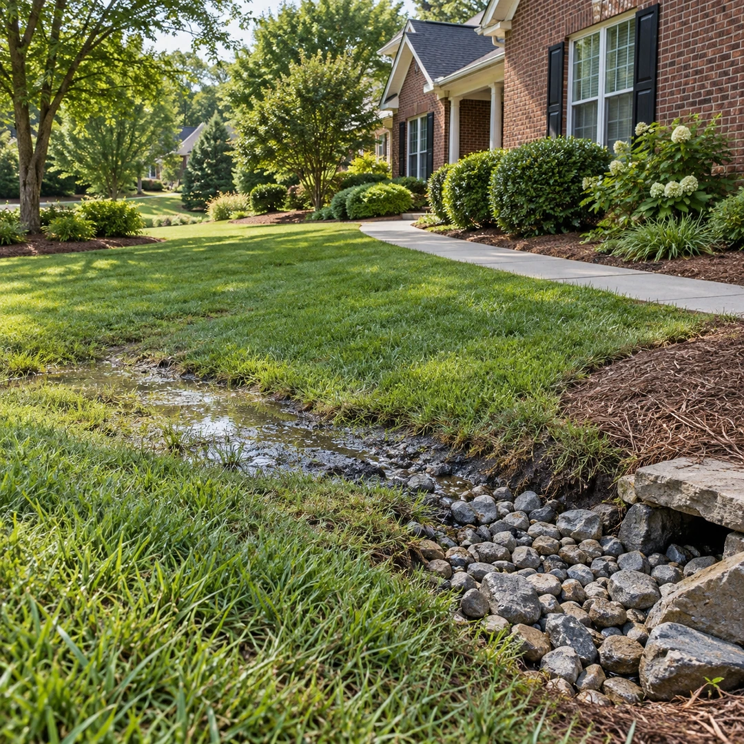 Standing water and an exposed drain outlet showing a failed yard drainage path