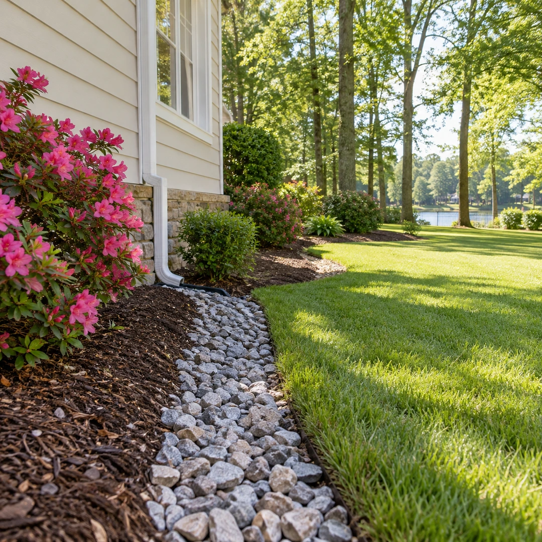 River rock drainage bed carrying runoff away from a residential foundation