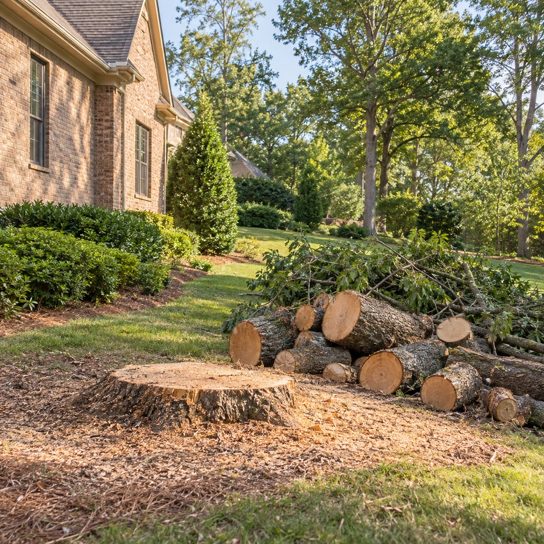 Fresh stump with cut trunk sections gathered after residential tree removal