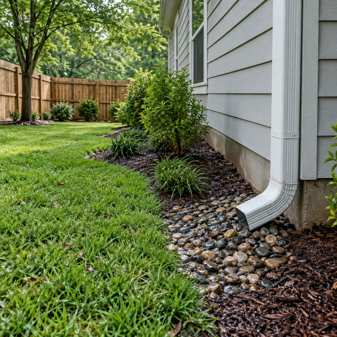 Stone drainage bed protecting the lawn edge beside a home foundation