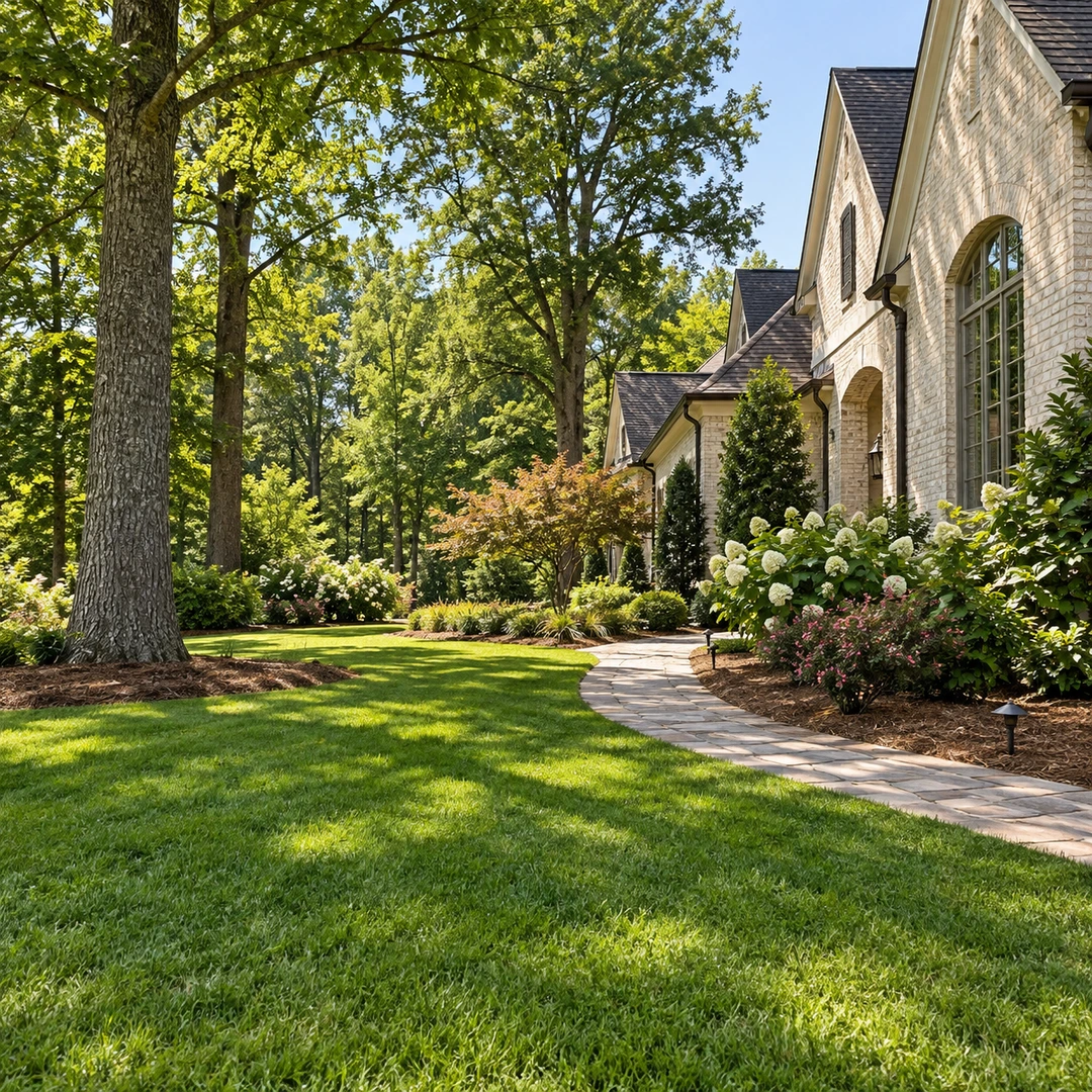 Large shade tree beside a Suwanee house and landscaped front lawn