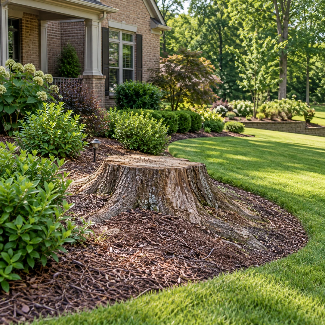 Large cut stump remaining within a landscaped Suwanee front yard