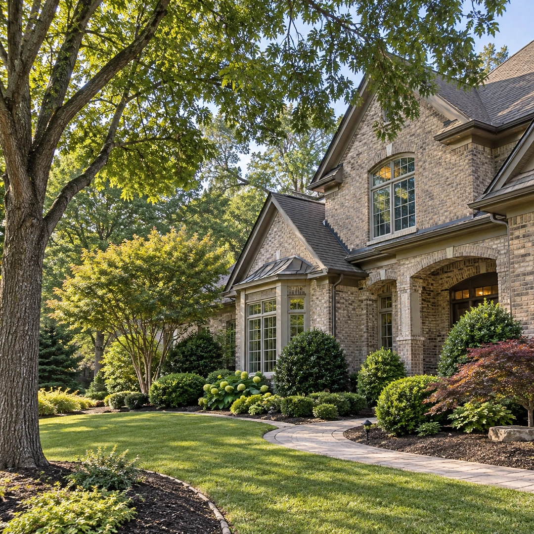 Full mature tree canopy preserved beside a landscaped residential front lawn