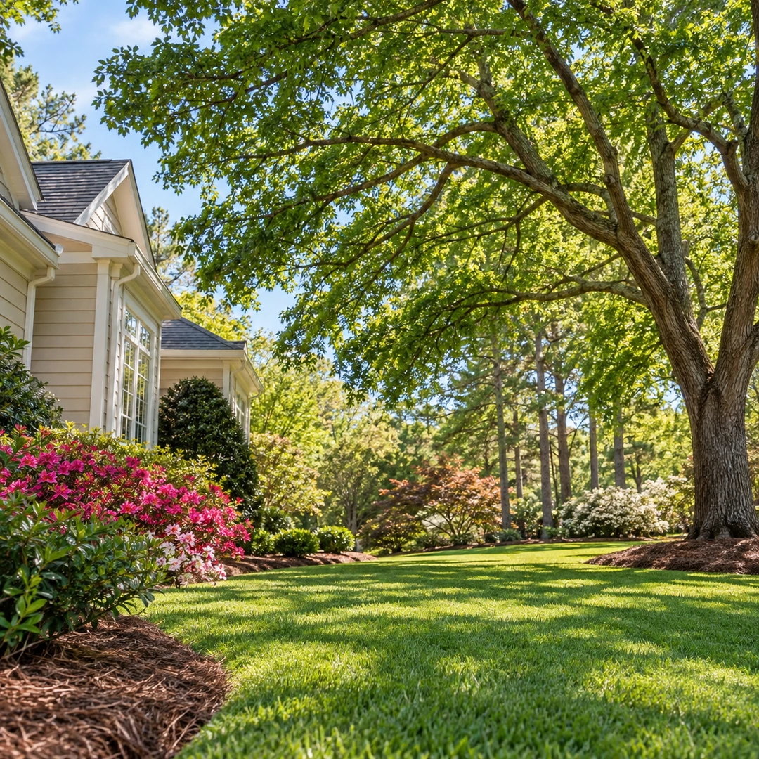 Healthy mature tree canopy extending above a landscaped Suwanee side yard