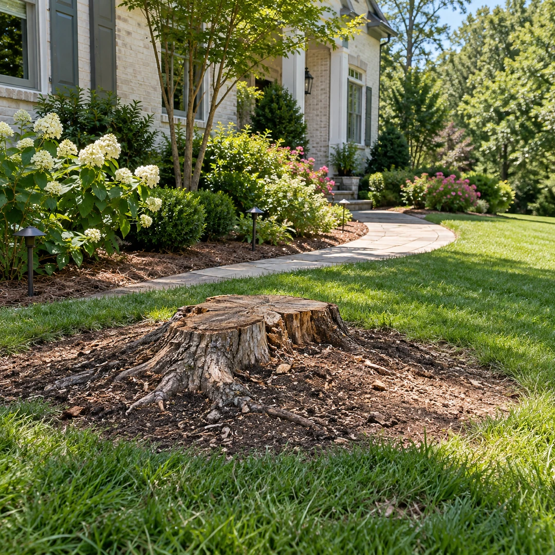 Cut tree stump and exposed surface roots remaining beside a curved garden path