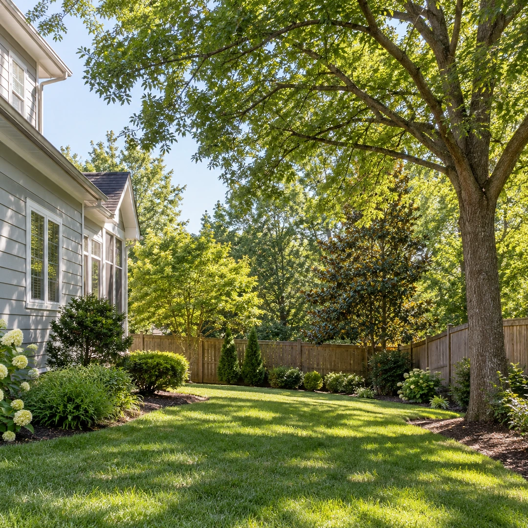 Healthy shade tree with balanced canopy beside a fenced residential yard