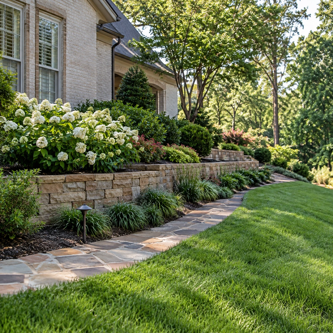 Low stone retaining wall supporting a planted slope beside a residential lawn