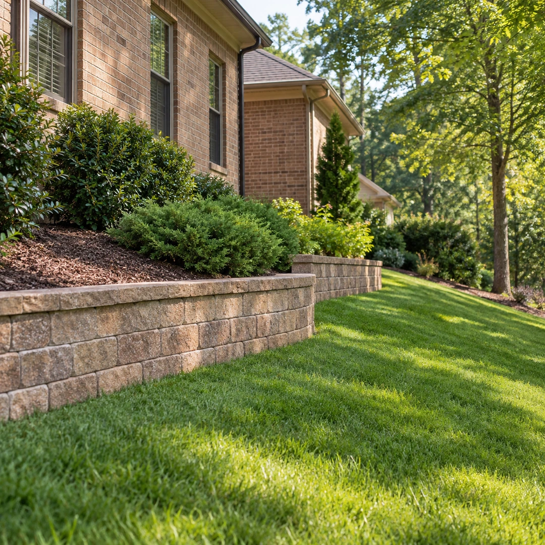 Level block retaining wall supporting a gently sloped Suwanee side yard