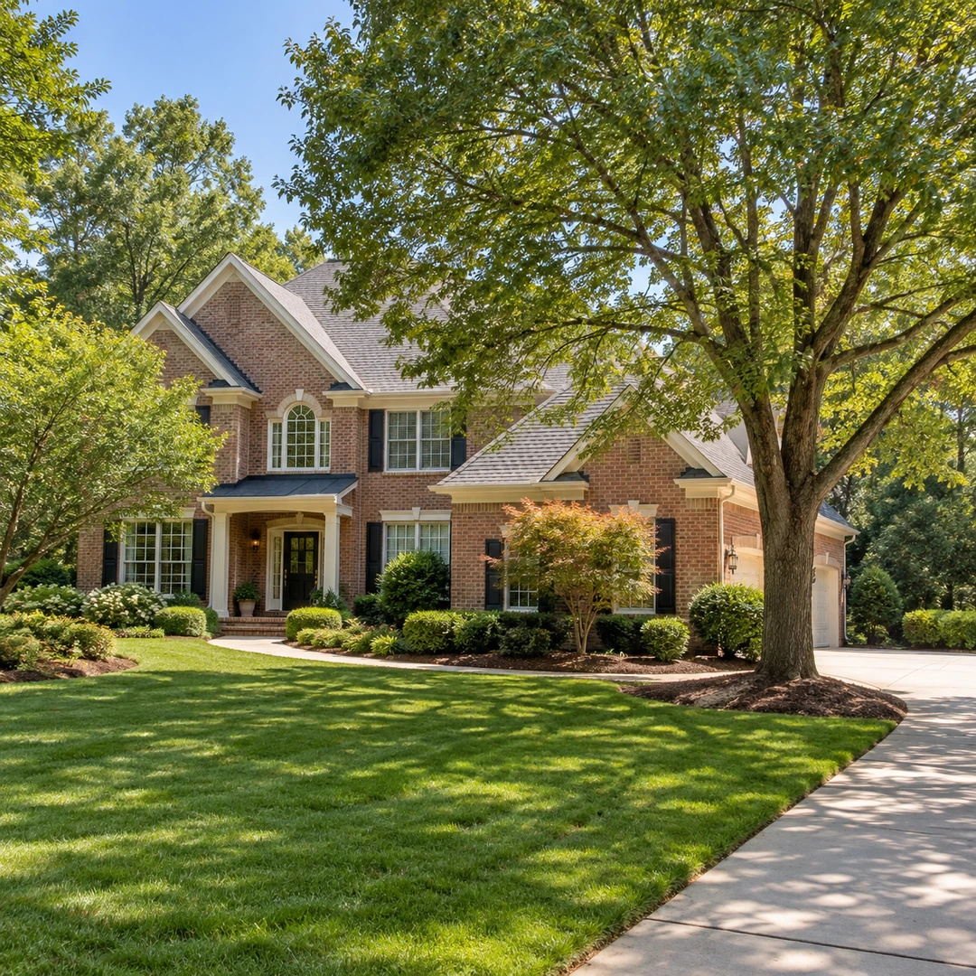 Mature front yard tree reviewed for clearance near a driveway and home