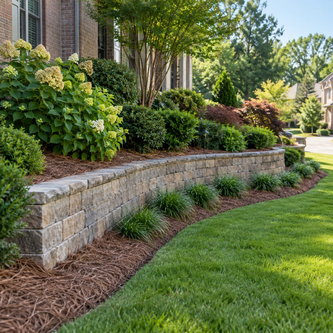 Low terraced stone walls supporting planted beds above a residential lawn