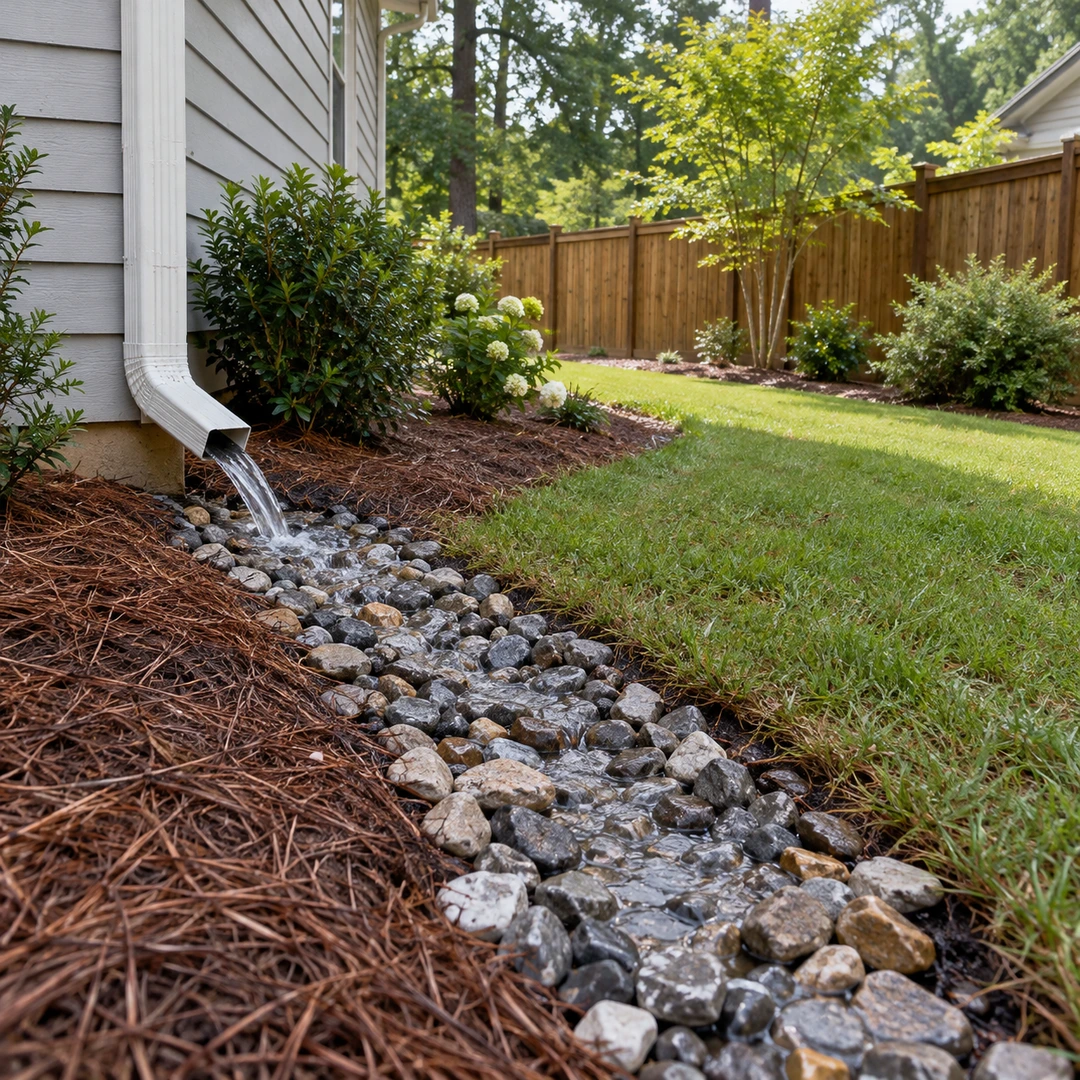Gravel drainage channel receiving roof runoff below a residential downspout