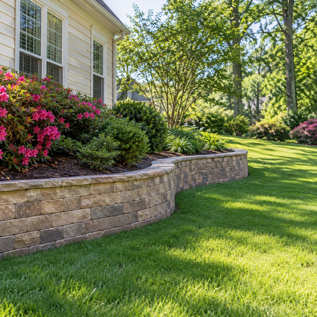 Modest block retaining wall supporting a landscaped bed beside a home