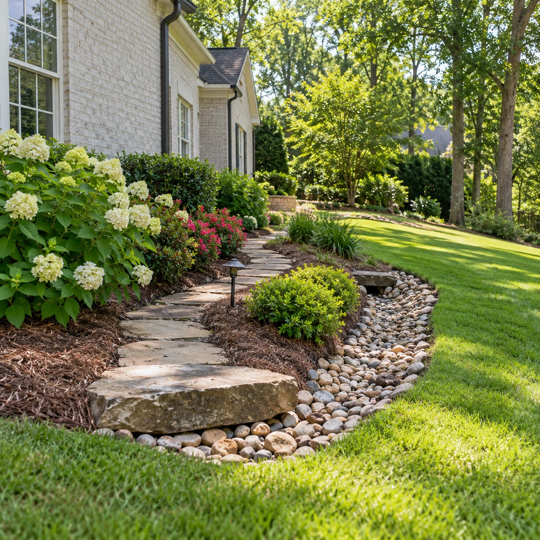 Stone lined drainage swale beside a garden path in a Suwanee side yard