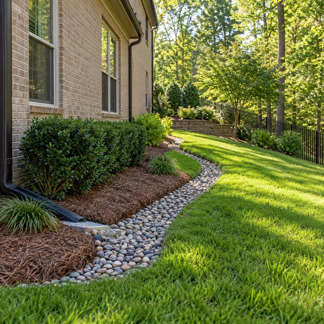 Curving river rock drainage channel carrying water away from a home foundation