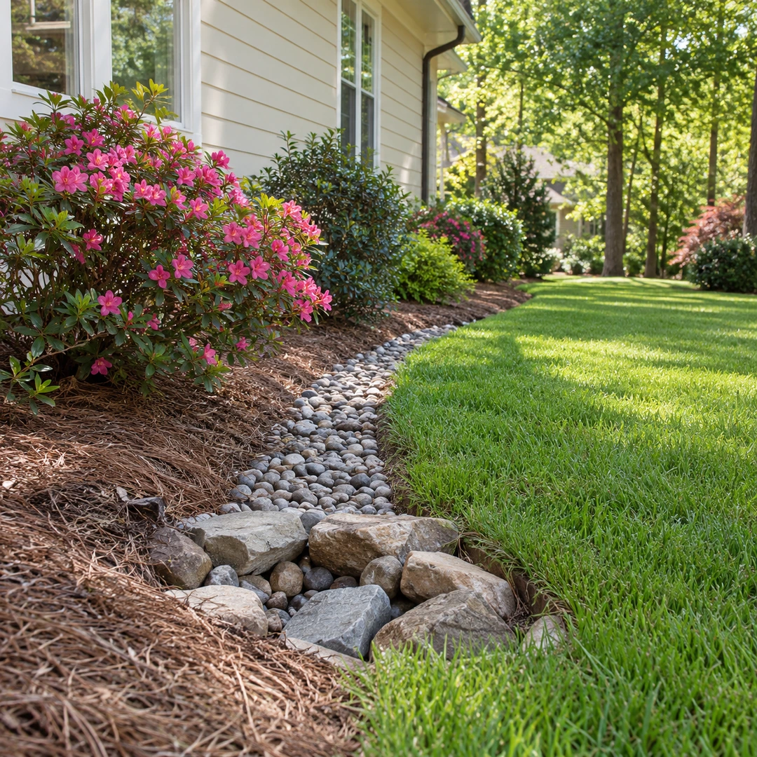 Rock lined yard drainage outlet opening into a landscaped lawn edge