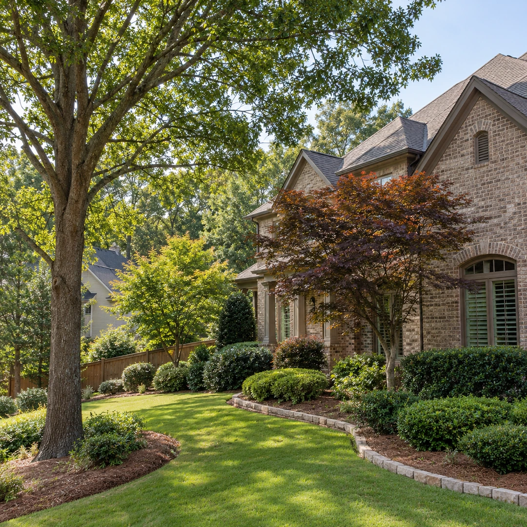 Large shade tree and smaller ornamental trees around a landscaped Suwanee home
