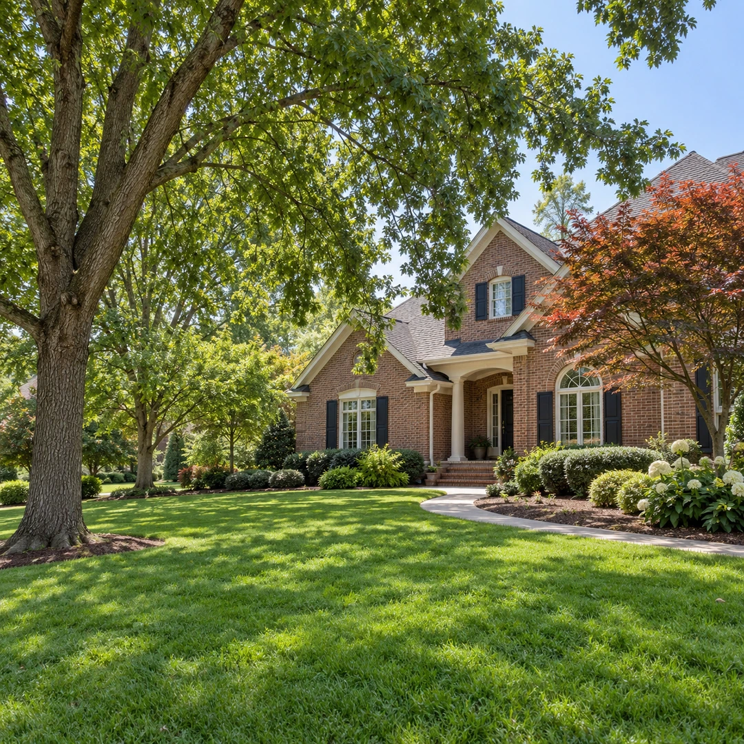 Large front yard shade tree with smaller trees near a Suwanee home