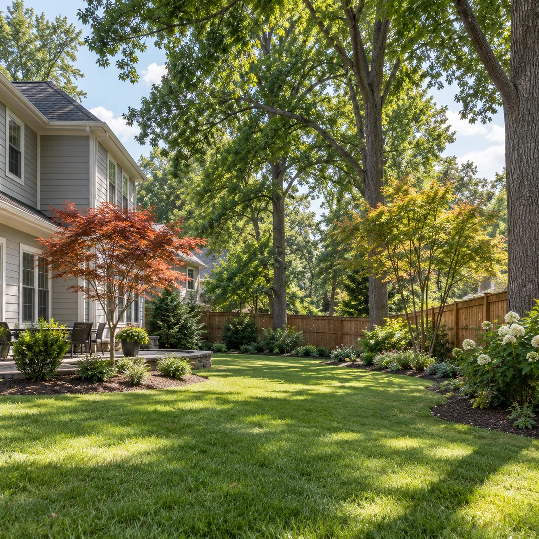Mixed mature trees and open lawn reviewed for residential tree removal access