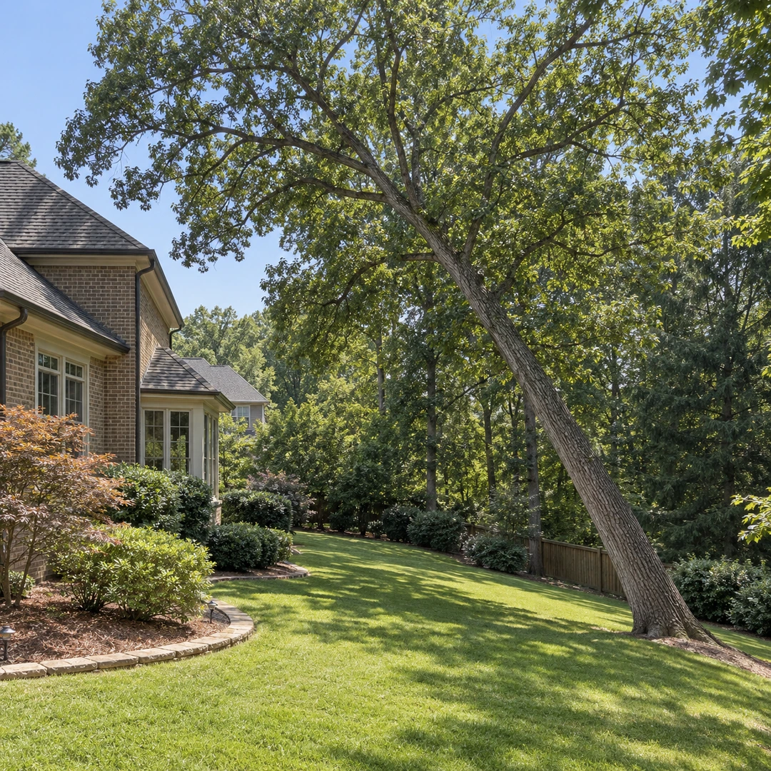 Two mature trees leaning toward an open residential yard