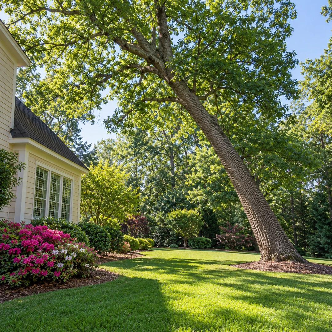 Large leaning tree beside a house with a full healthy canopy