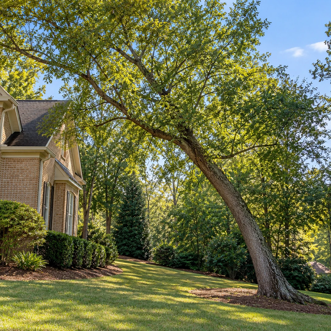 Mature tree leaning across a residential lawn toward a nearby home