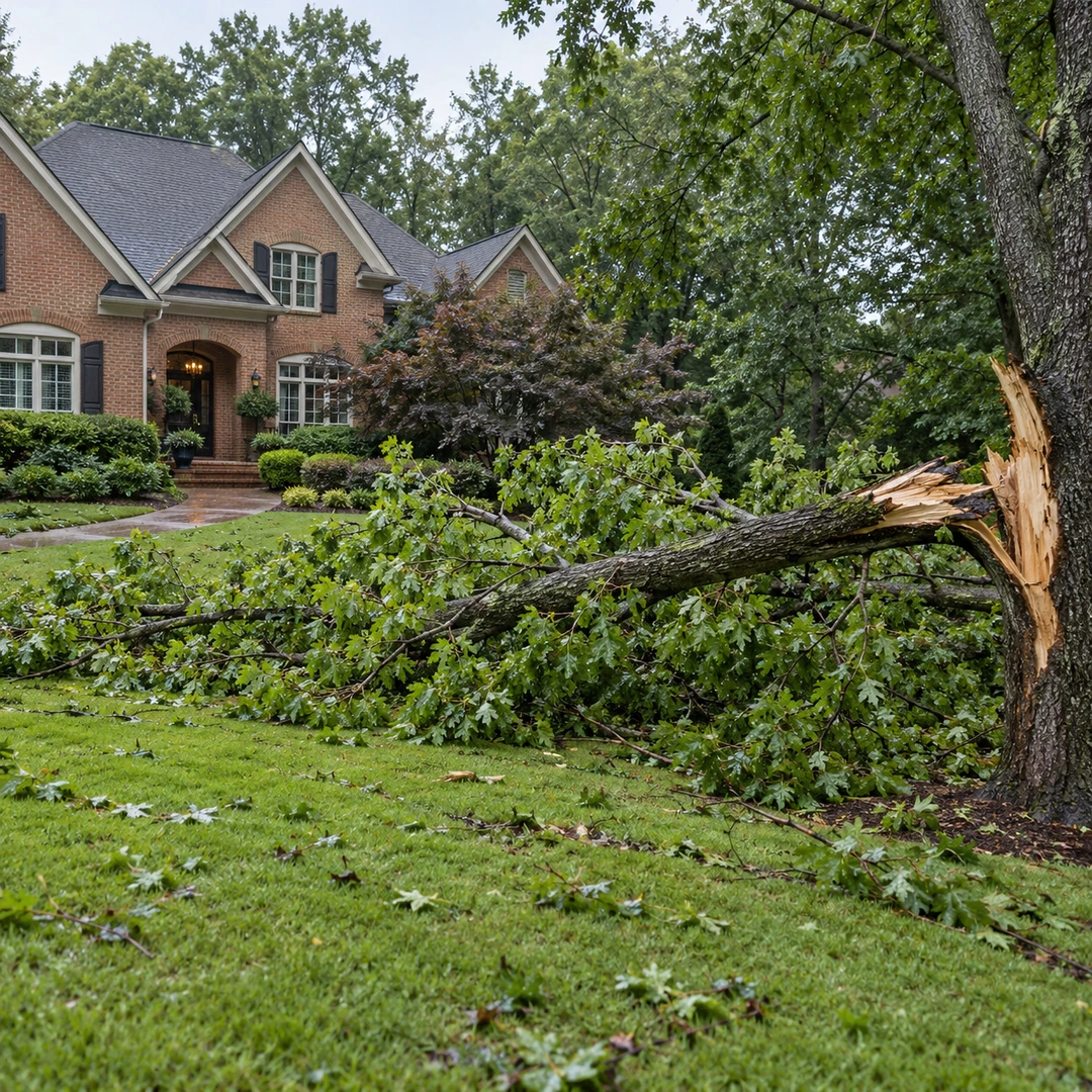 Storm damaged tree with a split trunk and fallen limbs across a residential lawn