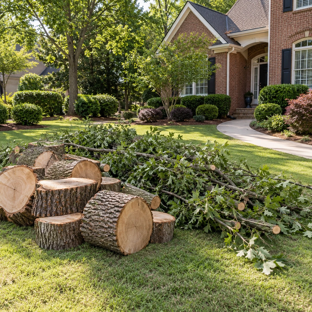 Tree trunk rounds and trimmed limbs staged for careful haul away