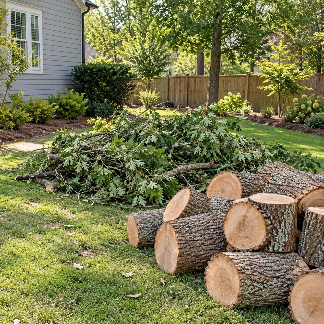 Cut trunk sections and branches grouped for removal from a residential yard
