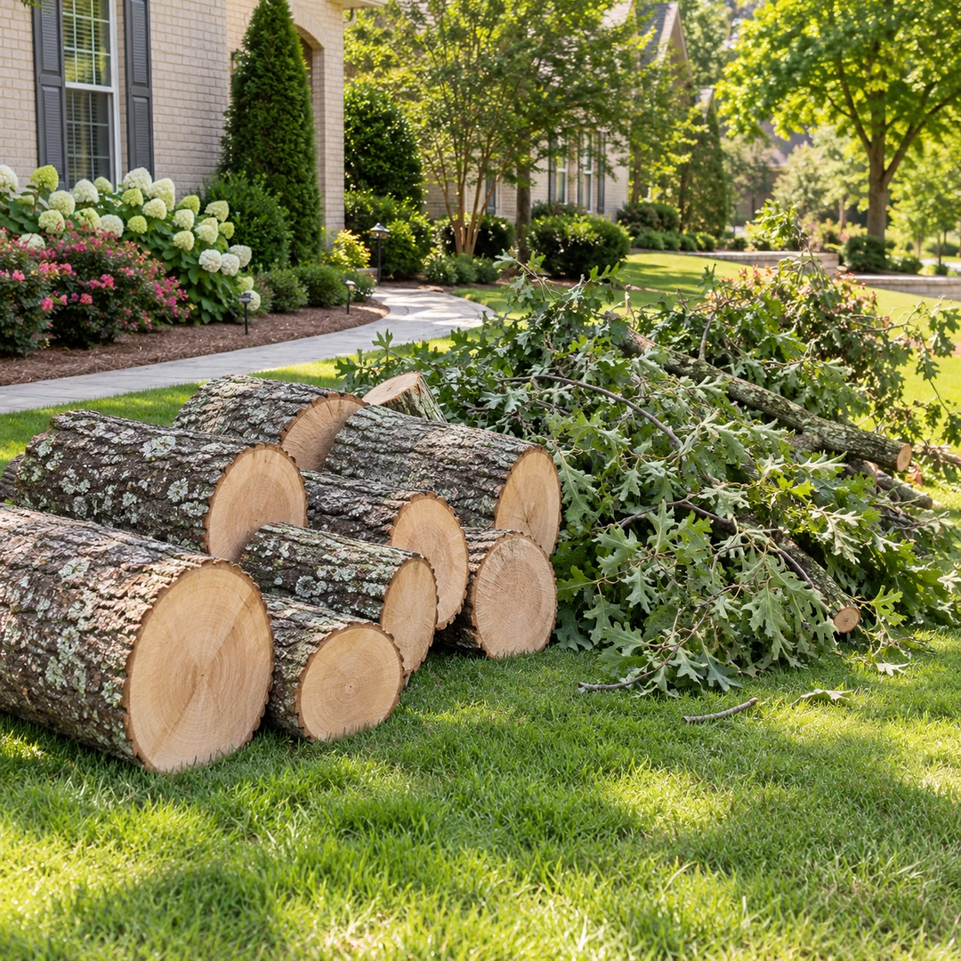 Large cut logs and leafy branches gathered beside a residential walkway