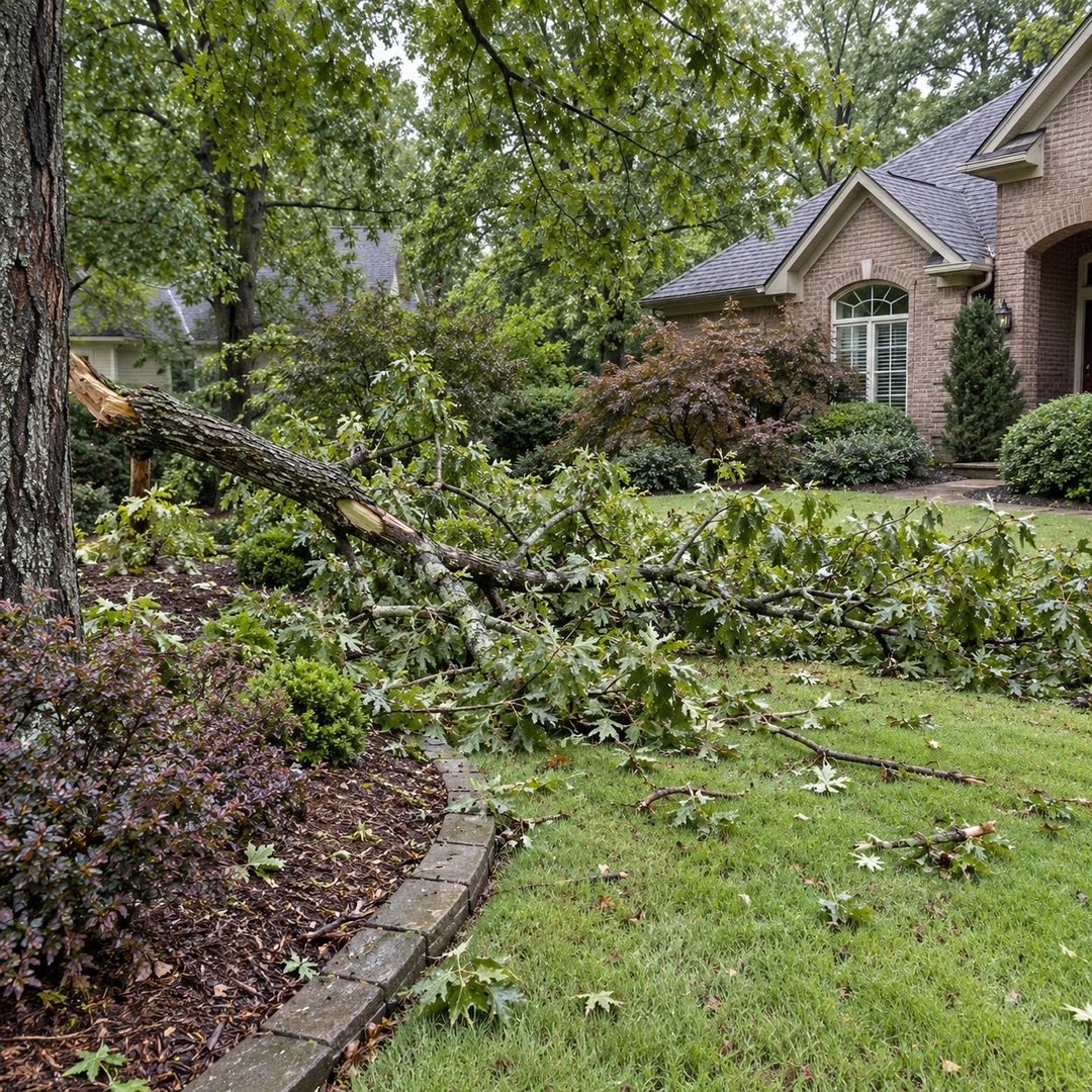 Large storm damaged branch lying across a landscaped front lawn