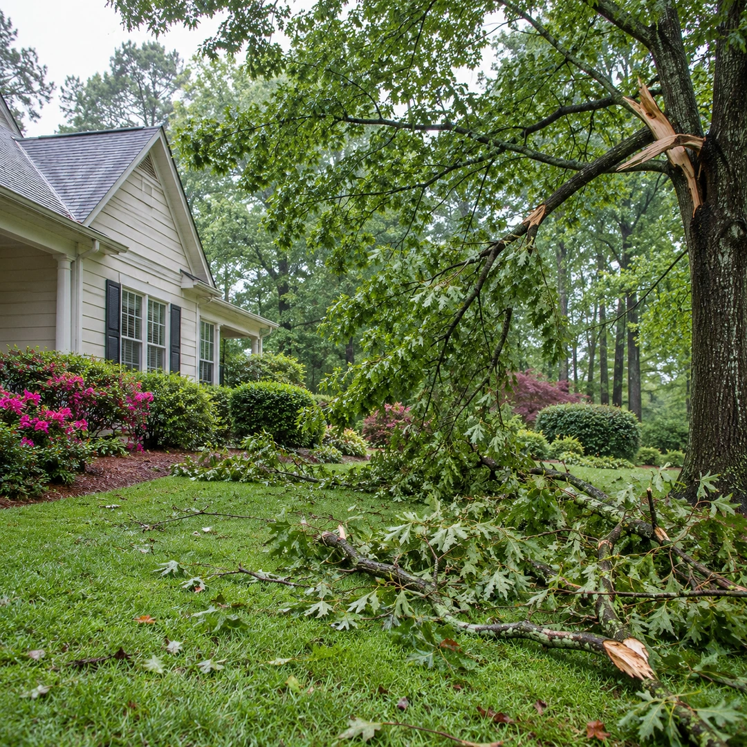 Freshly broken tree limbs scattered across a residential yard after a storm