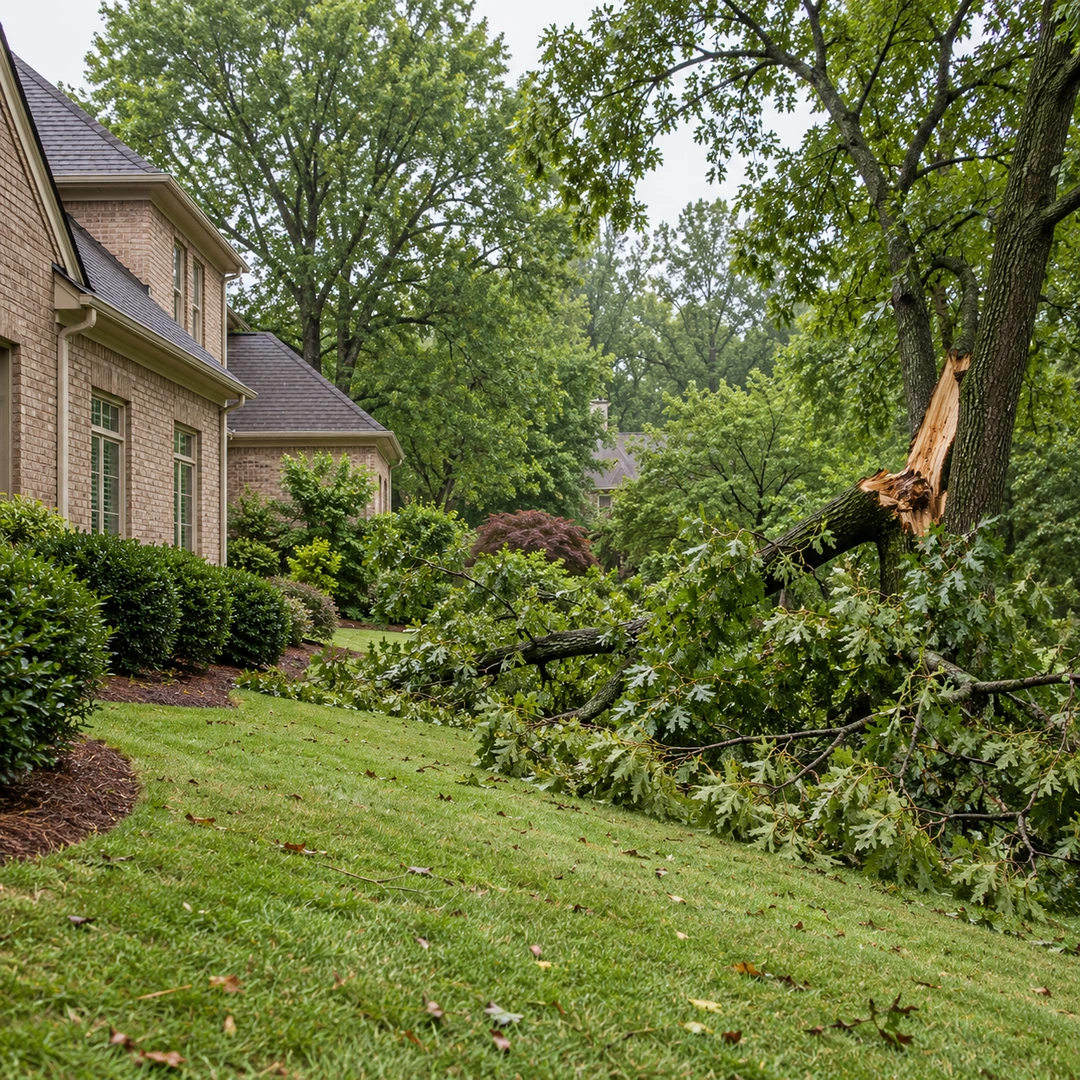 Storm broken limb hanging from a mature tree above a Suwanee lawn