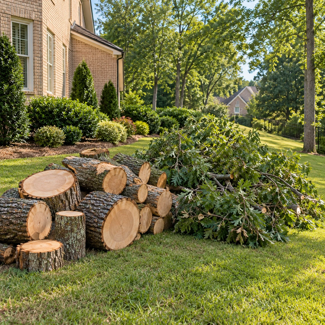 Cut wood and branches organized on the lawn for final site cleanup
