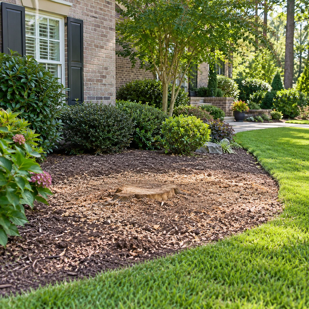 Broad mulched stump grinding area beside a residential foundation bed