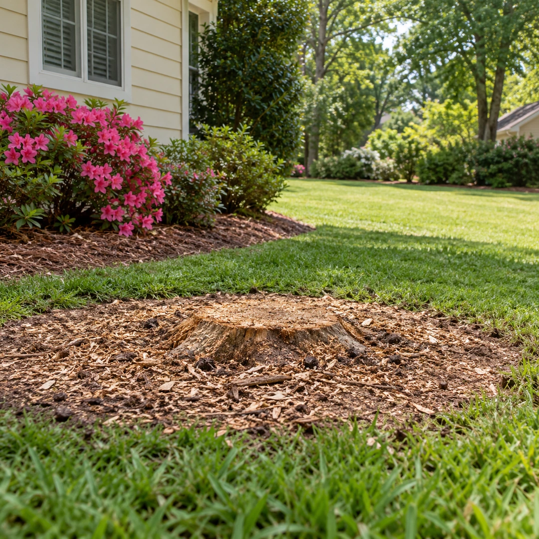 Low ground stump surrounded by fresh wood chips in a landscaped yard