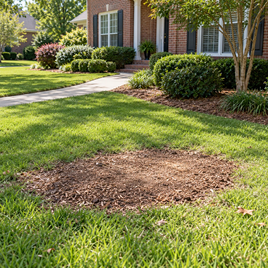 Leveled wood chip area after stump grinding beside a front walkway