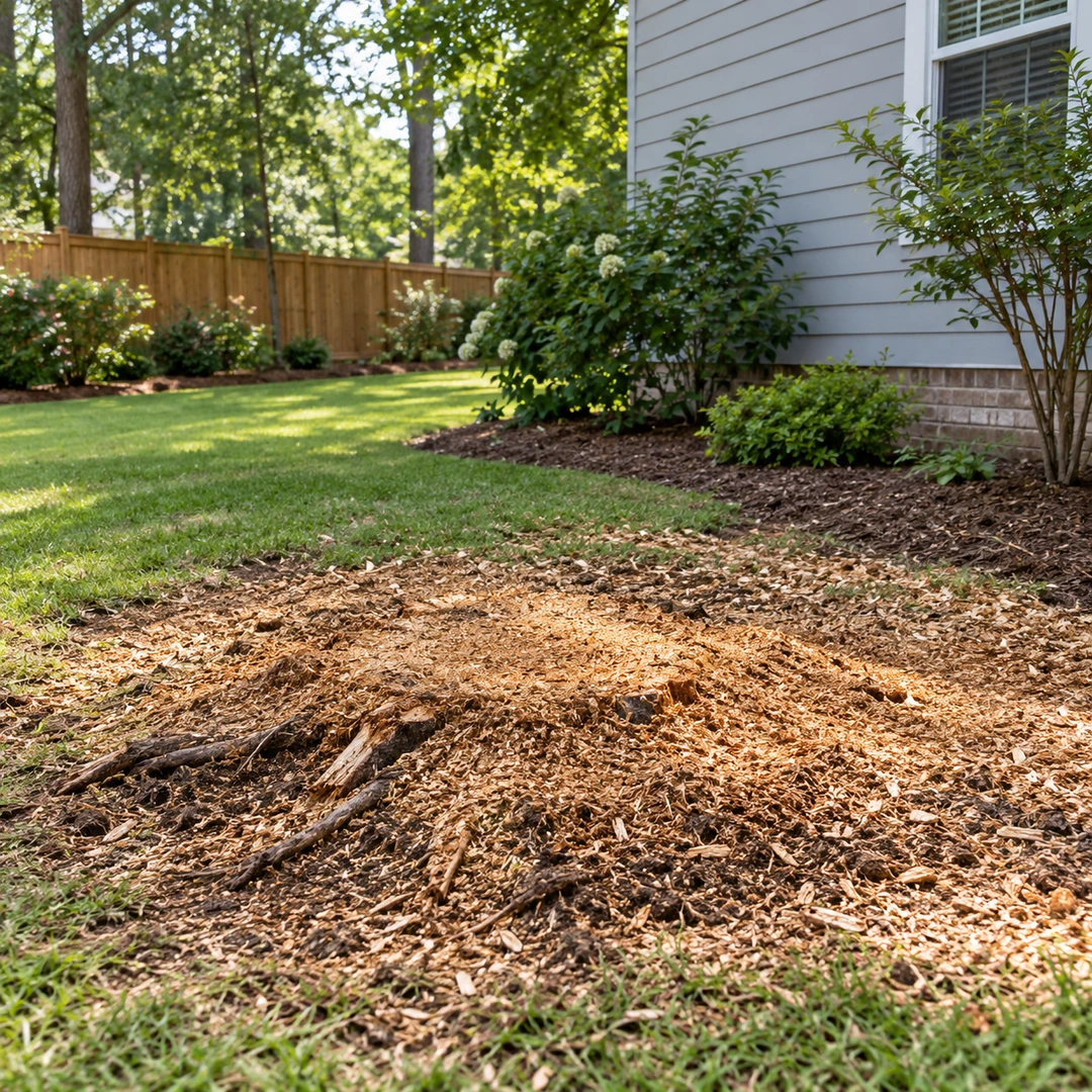 Freshly ground stump area with wood chips and exposed shallow roots