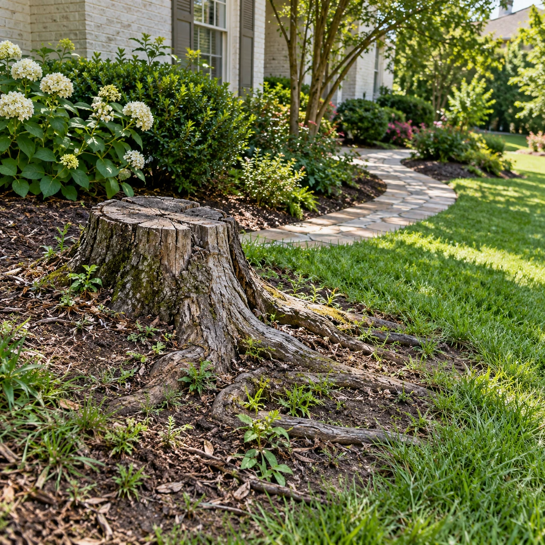 Old weathered stump with exposed roots in a landscaped Suwanee yard
