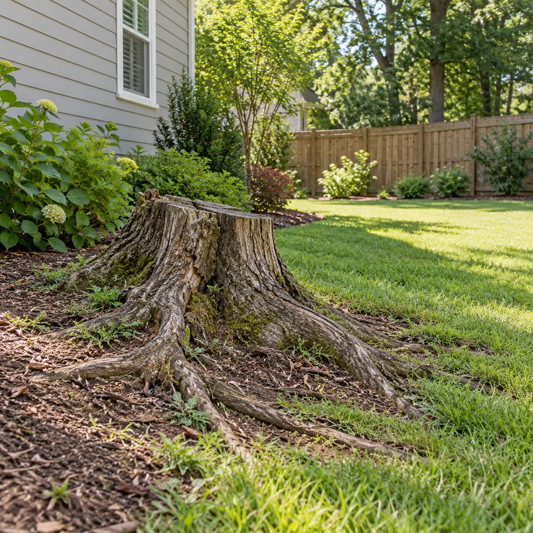 Large old stump with spreading roots at the edge of a Suwanee lawn